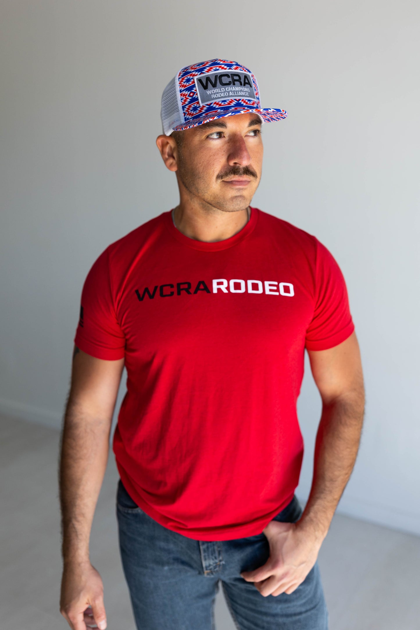 Red, White, and Blue Aztec Cap with White Mesh- WCRA Patch